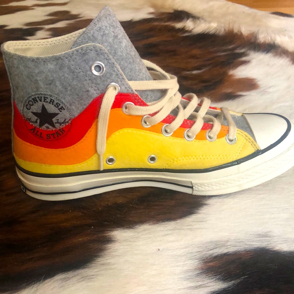 Grey felt and 70s striped Chuck Taylors, W9, M7